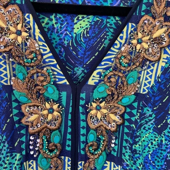 Soft Surroundings Tunic Top Sz M Embroidered Beaded Green Blue Boho Colorful - Picture 3 of 9